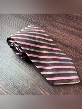 John W. Nordstrom Mens Neck Tie Long Made In Usa Silk Stripe Brown Pink Blue 65”